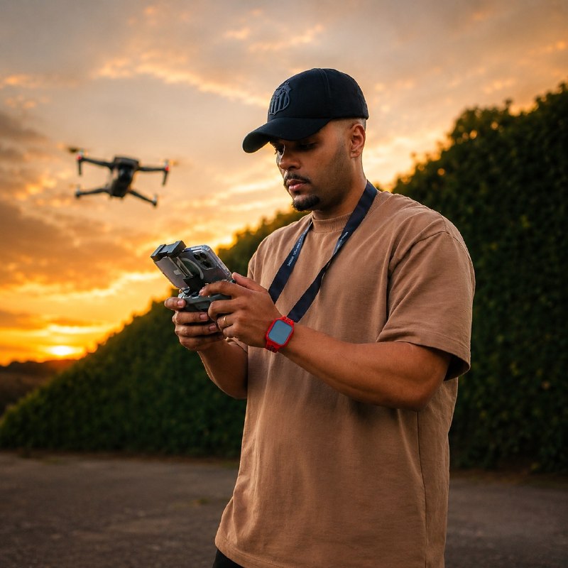 Thiago operando drone durante pôr do sol